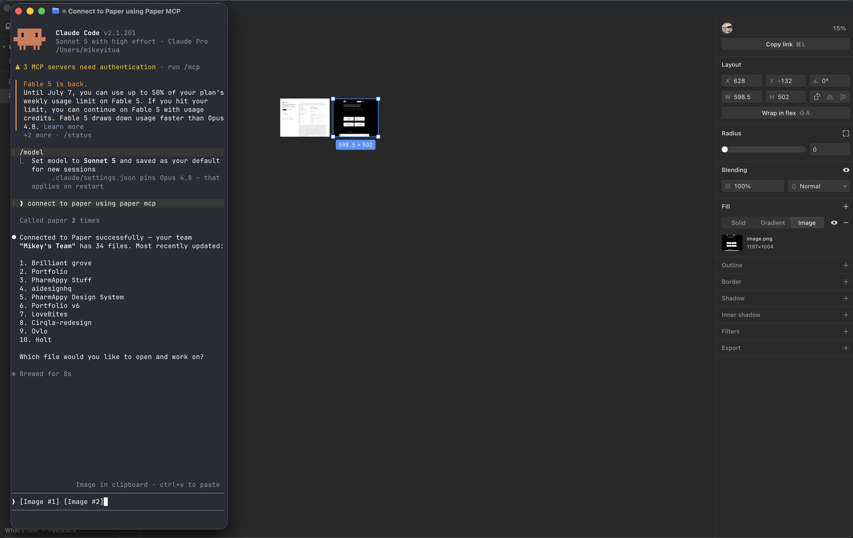 Two portfolio reference screenshots pasted onto the Paper canvas and attached in the terminal