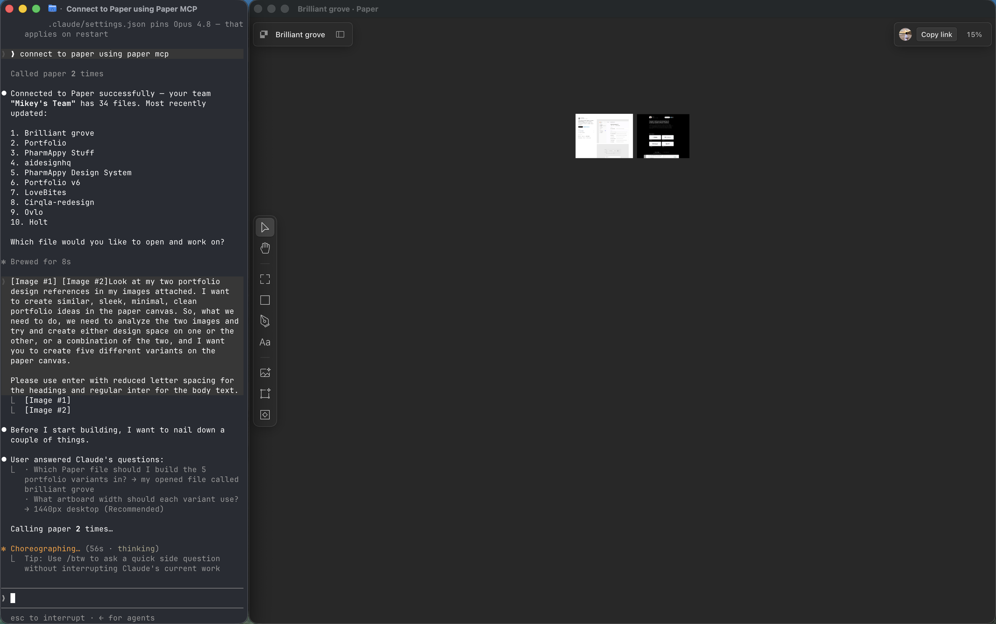 Claude confirming the target file and 1440px artboard width before building