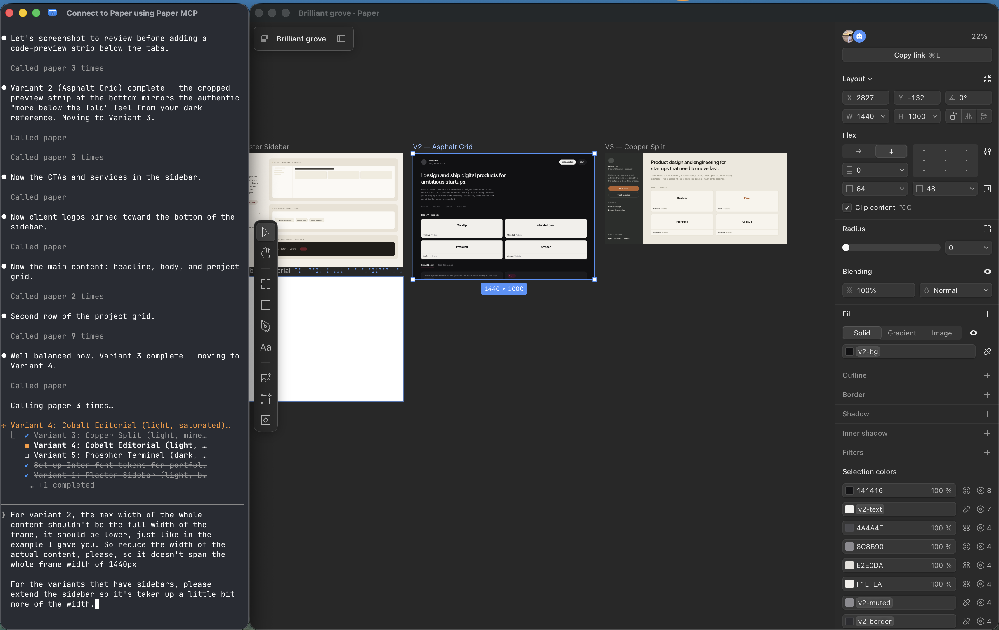 Five portfolio variants laid out on the canvas with refinement feedback in the terminal