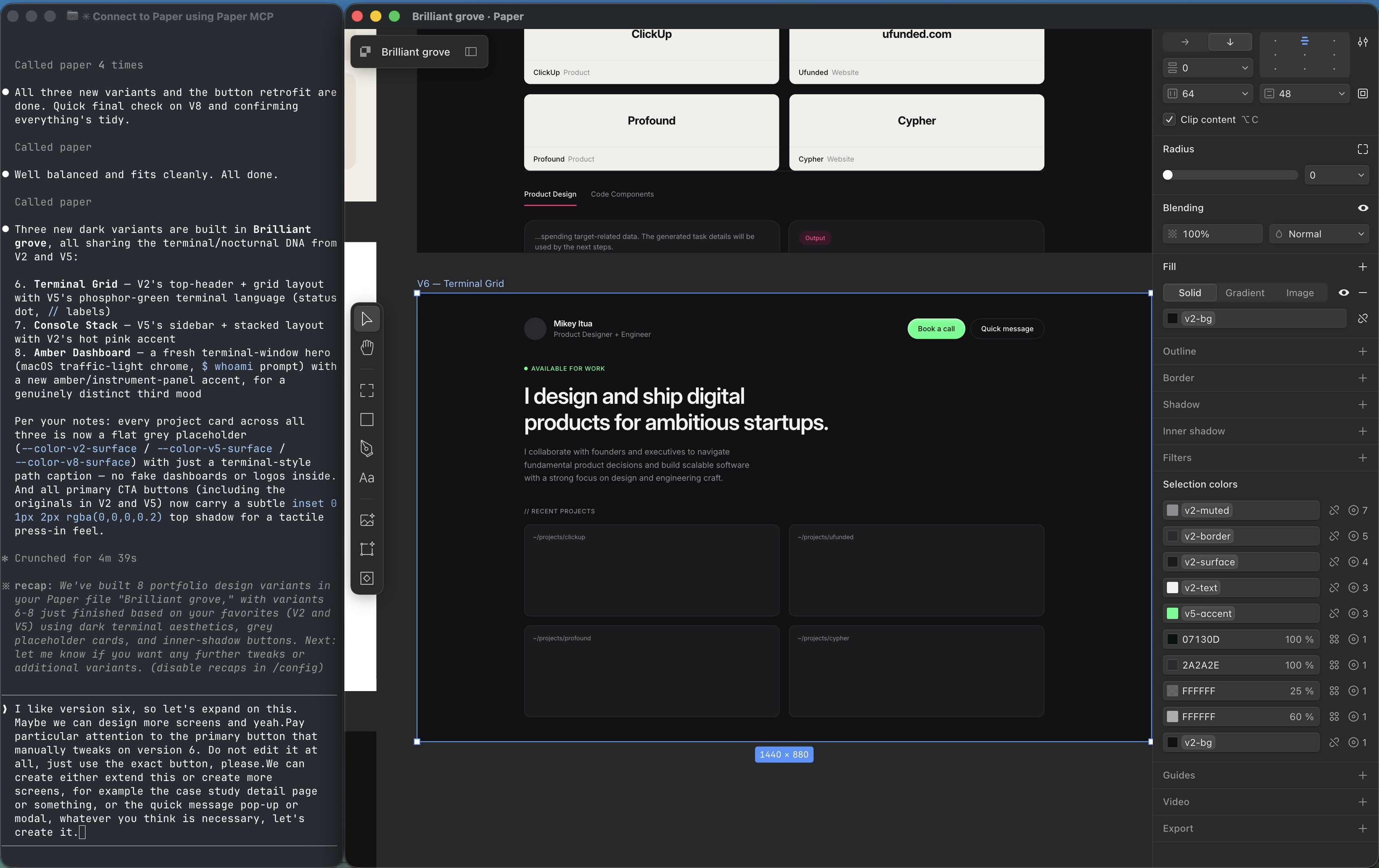 The Terminal Grid variant selected, with a request to expand it and preserve the exact button