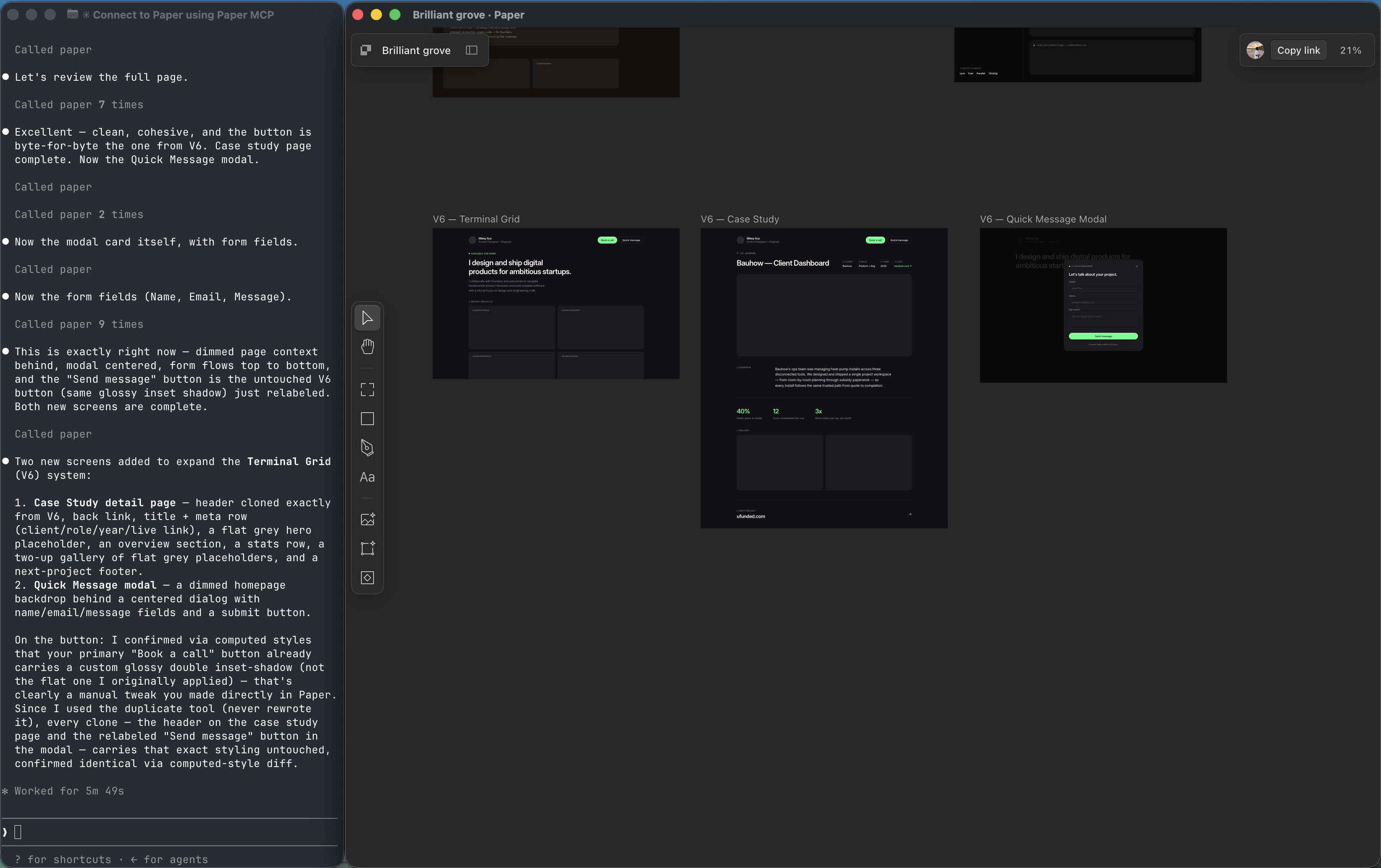 The Terminal Grid system expanded into a case study page and a quick-message modal