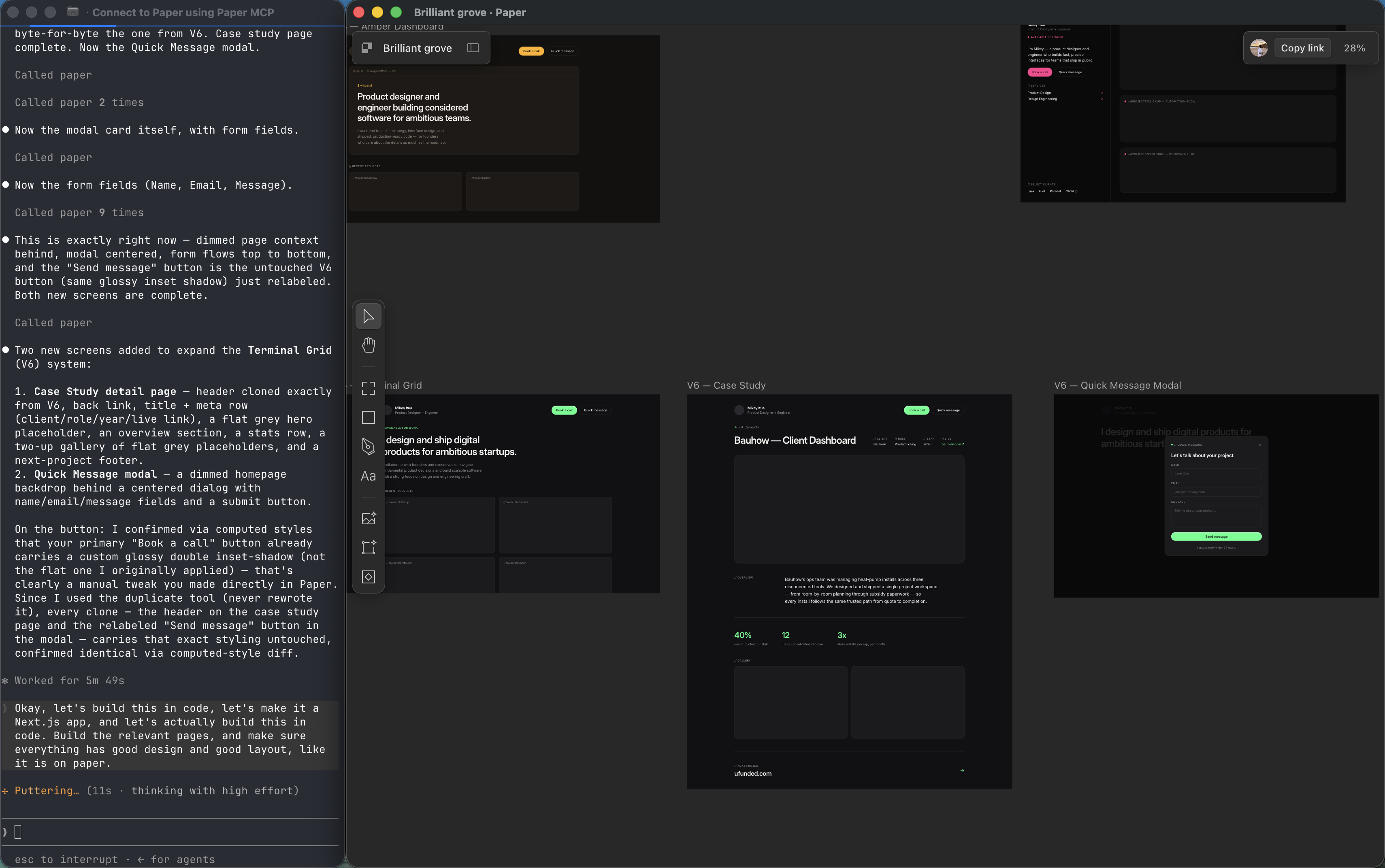Handing the finished Paper design to Claude to build as a Next.js app